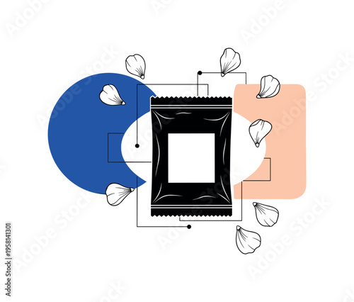 Black and white top view of a trowel placed on a circular abstract frame, surrounding shapes like cylinders and blocks symbolizing planting tools, clean