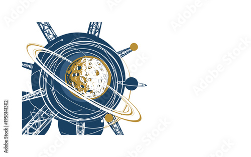 black and white large asteroid approaching a small planet silhouette, white cut-out collage outline, circular orbit rings and structural lines forming dramatic