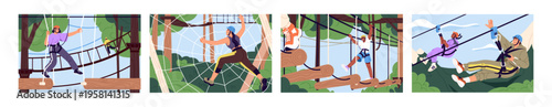 Rope park set. People with safety helmets, belaying overcome obstacle course with ziplines, ladders, nets. Happy characters climb on playground among trees in forest. Flat vector illustrations