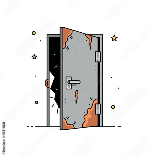 Partially broken rusty door with bent metal edges and visible corrosion patterns. A small crack of light from behind the door hints at hidden space beyond.