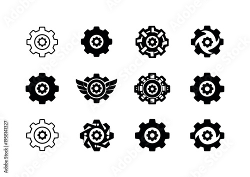 steampunk style. Icon set. Set Logo of steampunk style: gear cog. harmonious logo variations of the same emblematic concept, each with different artistic