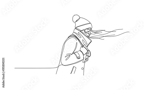 Cold Breeze. Minimalistic one-line drawing individual bracing against a gust of cold wind with coat collar up, continuous single black line on white