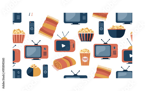 Streaming movie night seamless pattern, televisions remote controls popcorn bowls and cozy blankets arranged in a repeating pattern, white background with navy