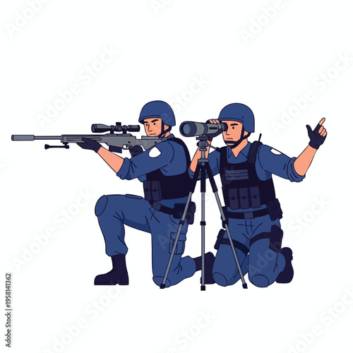 Two soldiers in blue uniforms and helmets, one aims a sniper rifle, the other uses binoculars