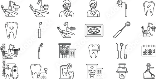 Dentistry and dental clinic icons set with dentist, chair, tools, equipment and oral care symbols outline vector illustration collection