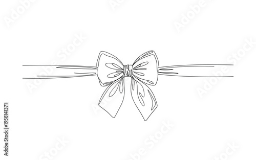 Tulle Bow Detail. Minimalistic one-line drawing tulle tied into bow shape for decorative purposes, continuous single black line on white background, simple