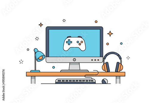 Gaming desk setup featuring a monitor with a simple game controller icon on screen while headphones and a small keyboard rest on the desk. The scene captures