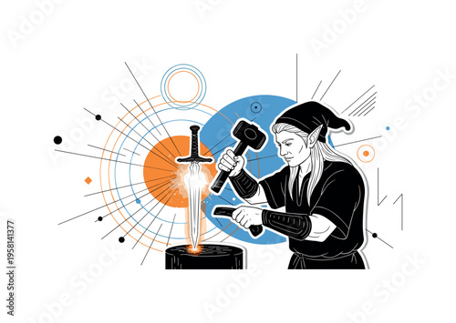 elf artisan hammering glowing blade abstract circles lines and geometric shapes representing mystical craftsmanship black and white retro elf figure and sword