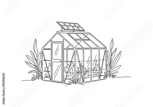 eco-friendly greenhouse seamless pattern, sustainable greenhouse, potted plants, seedling trays, watering cans, gardening gloves and small shovels arranged in