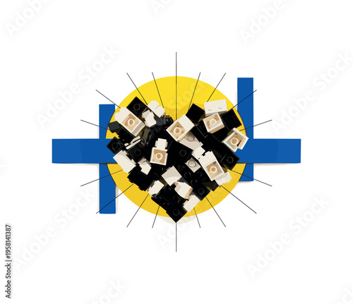 Black and white scattered LEGO pieces arranged into a heart shape, vivid yellow circle centered behind, deep blue rectangular fragments reinforcing symmetry,