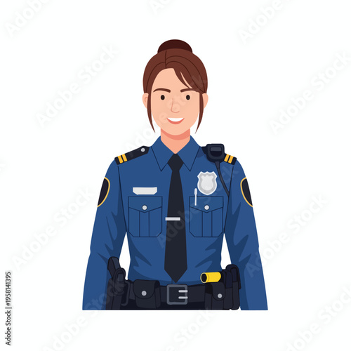 Smiling female police officer in uniform with equipment belt and badge