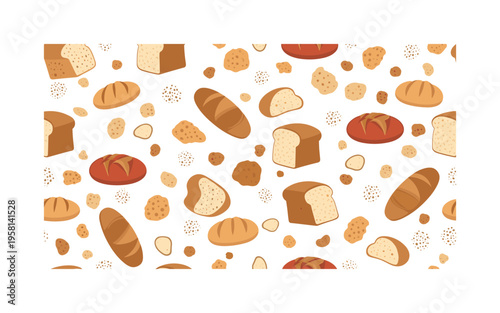 baked bread crumbs seamless pattern, tiny crumbs, crust pieces, loaf slices, and flakes scattered around arranged in a repeating pattern, white background with