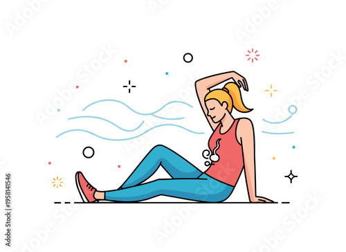 Mindful sports recovery showing an athlete resting peacefully after exercise while gently stretching and breathing. Soft wave shapes and spark