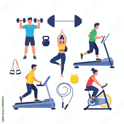 Diverse individuals engage in various exercises including weightlifting, yoga, and cardio machines