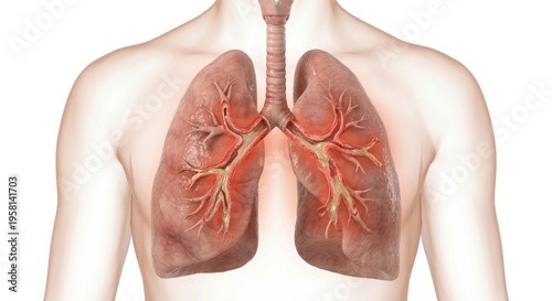 Chronic bronchitis medical lung visualization showing inflamed bronchial walls and excessive mucus production inside ghostly chest contour for clinical respiratory diagnostic illustration