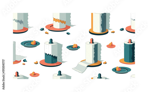 Kitchen paper towel rolls seamless pattern, standing and hanging paper towel rolls torn sheets crumbs and small plates arranged in a repeating pattern, white
