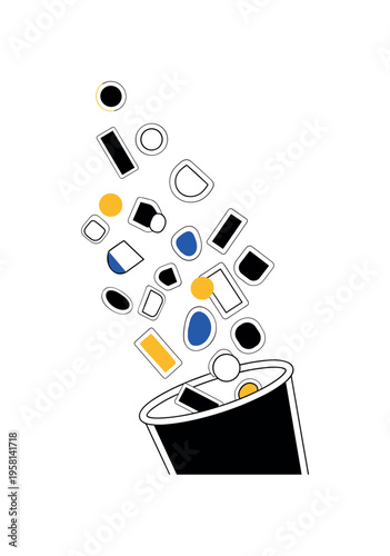 black and white paper cup tipping and spilling small abstract geometric shapes instead of liquid, white outline cut-out effect, floating circles and rectangles