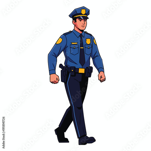 A stylized illustration of a male police officer in uniform walking confidently