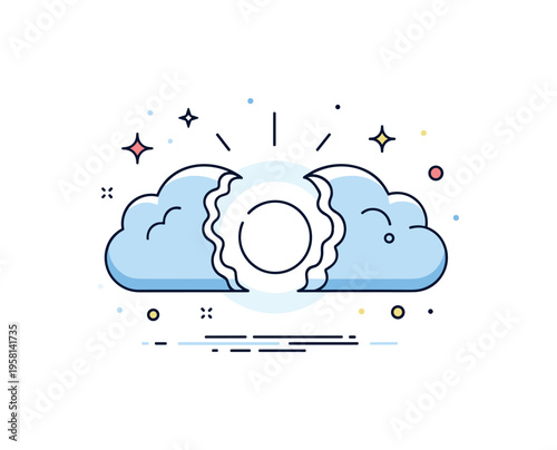 Cloud parted light stylized clouds opening in the center to reveal bright circular glow behind them. A compact visual metaphor for breakthrough, reassurance,