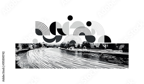 European river scene, geometric semicircles circles and abstract shapes highlighting flow and connection, black and white retro realistic river with layered