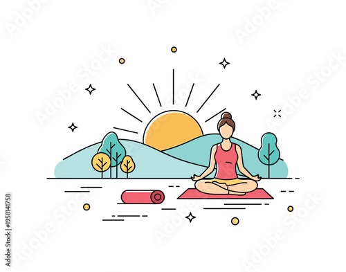 Yoga at sunrise calm morning practice beside a glowing sun rising over soft hills. A peaceful figure in a seated pose with a yoga mat and gentle sun rays