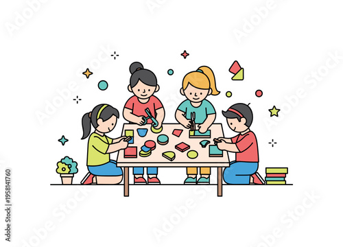 Foam craft workshop children gathered around a small craft table cutting and arranging colorful foam shapes. Scene expressing creativity, teamwork, and joyful