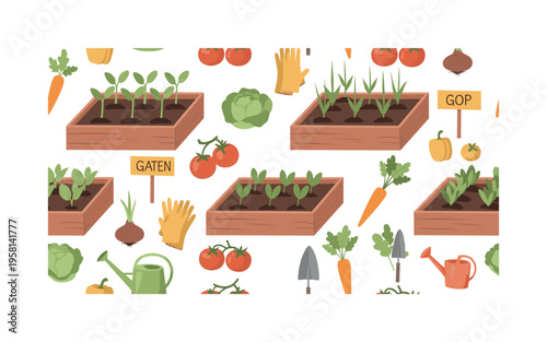 urban backyard garden seamless pattern, raised vegetable plots, seedlings, gardening gloves, watering cans, trowels, garden markers and various vegetables