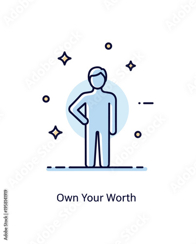 Self esteem concept centered on a single human silhouette standing confidently with a subtle glow outline and small star accents around it, symbolizing inner