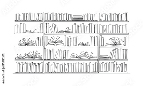 Library of Knowledge. Minimalistic one-line drawing rows of bookshelves with open books symbolizing a source of learning and personal growth, continuous single