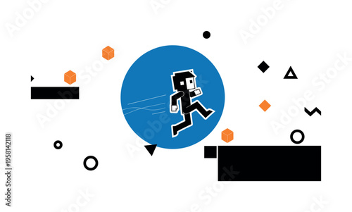 indie game character jumping between abstract geometric platforms, black and white pixel hero cut-out with white outline, large blue circle planet-like shape