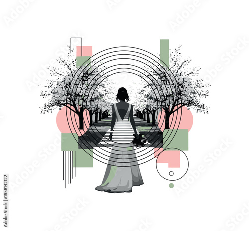monochrome bride silhouette walking through a garden path with blooming trees, layered circular rings and abstract geometric blocks suggesting dreamy outdoor