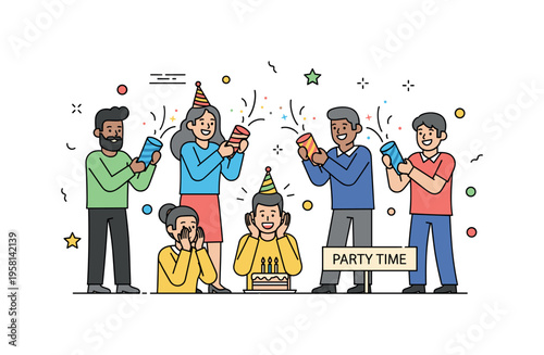 Birthday surprise moment with several friends popping party poppers while one person happily reacts beside a small cake with lit candles. Festive elements like
