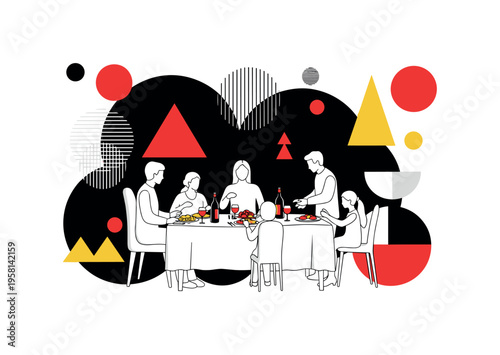 family gathering around holiday feast abstract circles lines and geometric shapes representing communal celebration black and white retro human silhouettes and