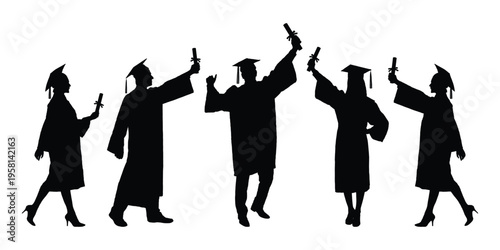 Happy students raising arms holding diplomas celebrating their graduation various poses black silhouette on white background vector illustration.