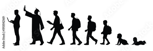 Male life cycle from baby to adult working side view characters silhouettes set infographic flat vector illustration. Human life stages man education process silhouette graphic illustration.