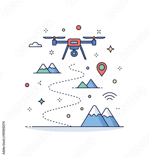 Drone surveying outdoor terrain drone flying above a winding trail and small mountain shapes while dotted route lines suggest mapping and observation. The