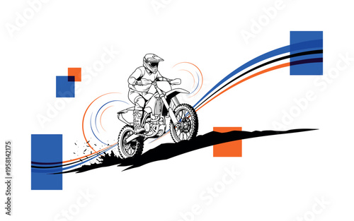 black and white dirt bike rider accelerating over uneven terrain, realistic cut-out figure and motorcycle with white outline, circular dust halos and dynamic