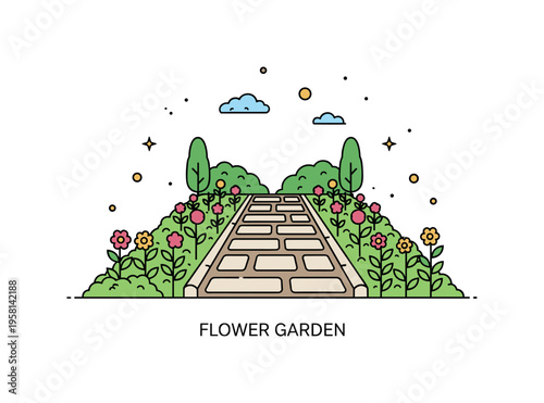 Flower garden pathway stone walkway running between rows of blooming plants and greenery creating a vibrant garden path leading through colorful nature. The