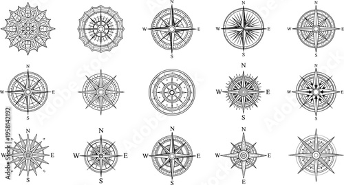 Vintage compass roses collection with detailed wind directions, navigation symbols and nautical elements outline vector illustration set