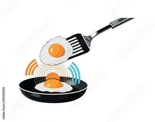 black-and-white spatula lifting a fried egg from a pan, circular yolk emphasized with concentric rings and abstract arcs symbolizing heat, orange and turquoise