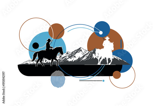 rider silhouetted against mountain horizon abstract circles lines and geometric shapes representing ranching adventure black and white retro human and horse