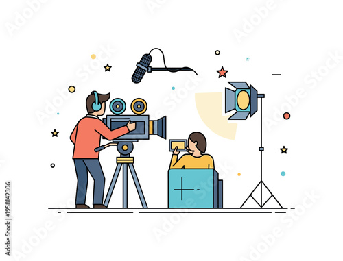 Behind the scenes filmmaking a camera operator filming a subject while a boom microphone hovers above and a small studio light shines, representing the