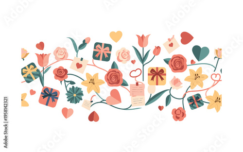 romantic first date theme with flowers, hearts, small gifts and sweet notes in decorative arrangement, seamless pattern, repeating pattern, surface design,