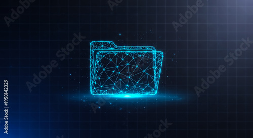 Futuristic cyber folder with interconnected nodes, symbolizing digital storage, data networks, and tech innovation in a neon blue theme.