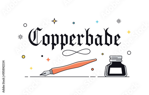 Copperplate calligraphy elegant script showcased through flowing ornamental letterforms with delicate entry and exit strokes, accompanied by a classic dip pen