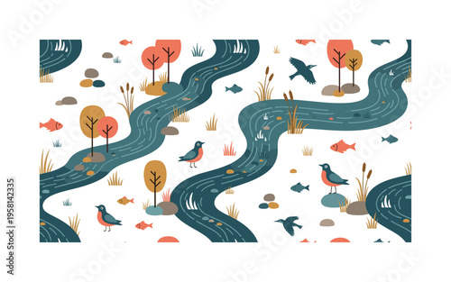 riverbank nature seamless pattern, rivers with flowing water, birds, fish, reeds, stones and trees along the banks arranged in a repeating pattern, white