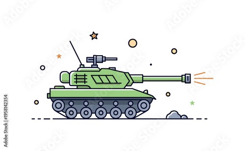 Ground warfare machine a tracked army tank with reinforced armor and prominent cannon positioned as a symbol of protection and offensive capability. Minimalist