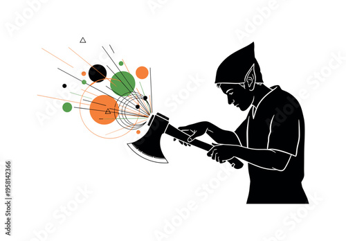 human-like elf silhouette sharpening mystical axe abstract circles lines and geometric shapes representing focused crafting black and white retro elf figure