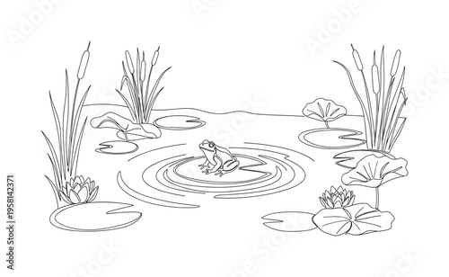 Calm Pond Scene. Minimalistic one-line drawing small frog on a lily pad with soft water ripples and surrounding pond foliage, continuous single black line on