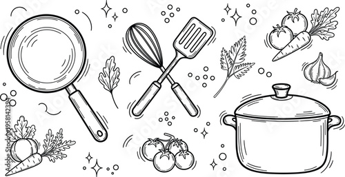 Hand drawn kitchen utensils and vegetables doodle set with pan, pot, whisk and ingredients, black and white cooking vector illustration collection
